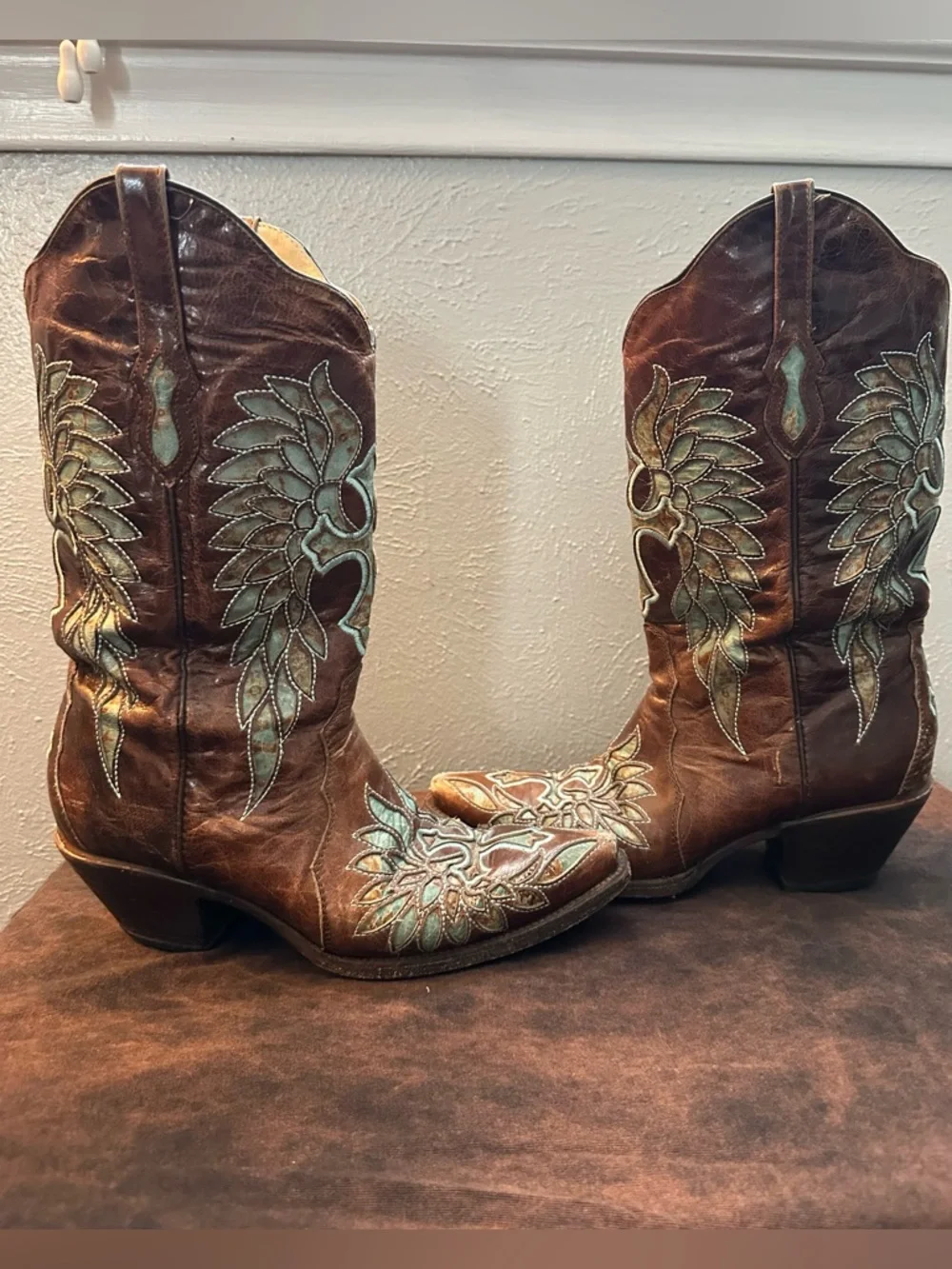 Rock N Soul Couture Embroidered Copper Leather Cowboy Boots Turquoise Accents - Picture 2 of 11